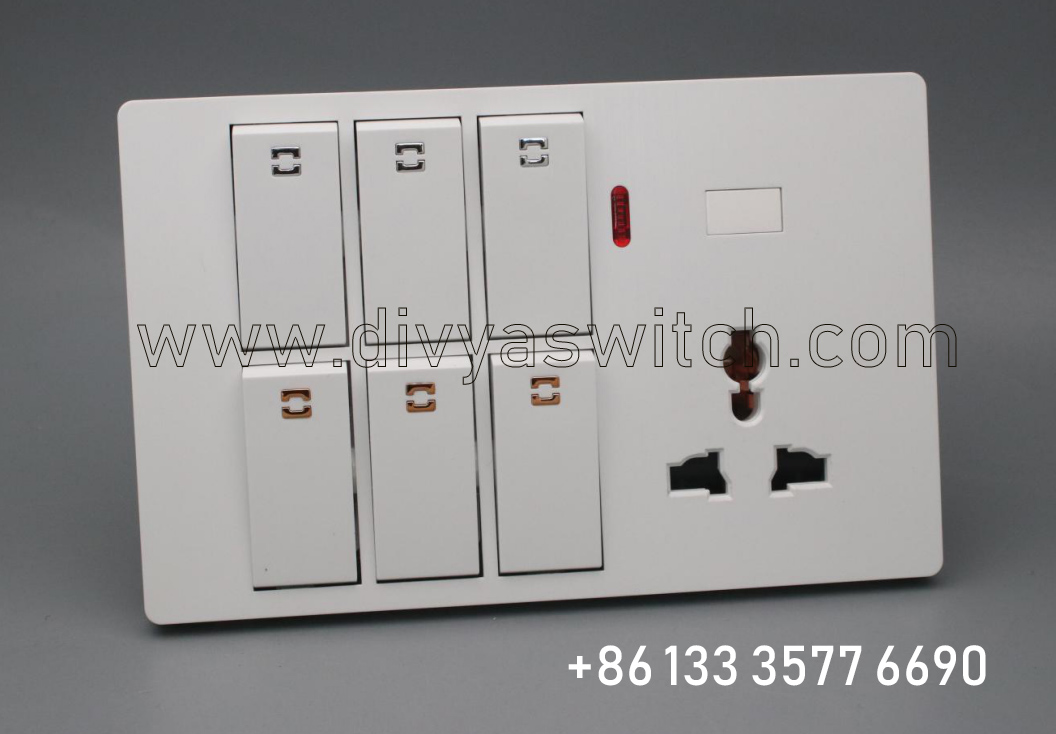 6 gang switch and MF socket with indicator for Nepal Bangladesh Pakistan <a href=https://divyaswitch.com/Wall-switch-manufacturer.html target='_blank'>Wall switch</a> socket.jpg